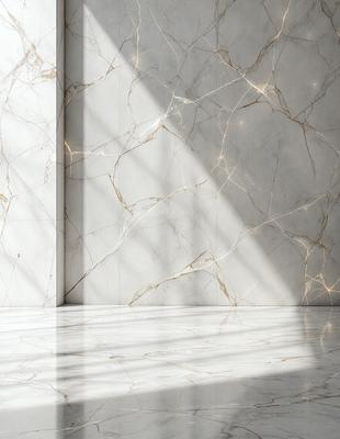 The primary subject of the image is a marble wall with a patterned texture. The setting is a room with a white marble floor. The visual style is a photo of the marble wall, showcasing its unique texture and pattern. The colors and mood of the image are predominantly white, giving it a clean and elegant appearance.