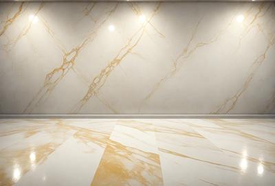 The primary subject of the image is a marble wall with a patterned design. The setting is a room with a white floor, and the visual style is a photo. The colors and mood of the image are predominantly white and neutral, creating a clean and elegant atmosphere.