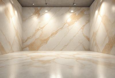 The primary subject of the image is a marble wall with a patterned design. The setting is a room with a white floor, and the visual style is a photo. The colors and mood of the image are predominantly white, giving it a clean and minimalist appearance.