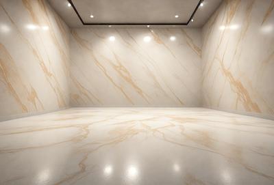 The primary subject of the image is a large, empty room with a white marble floor. The room is illuminated by a series of lights, creating a bright and clean atmosphere. The setting is a modern, minimalist space with a focus on the floor and the lighting. The visual style is a realistic representation of the room, with no digital art or illustrations visible. The colors and mood of the room are predominantly white, giving it a clean and bright appearance.