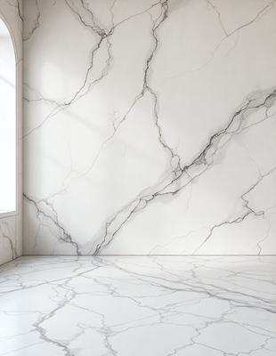 The primary subject of the image is a marble wall with a white marble texture. The setting is a room with a window, and the visual style is a photo. The colors and mood of the image are predominantly white, giving it a clean and elegant appearance.