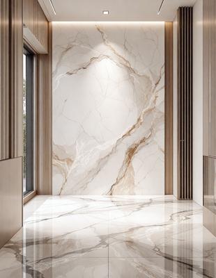 The primary subject of the image is a marble wall with a patterned design. The setting is a room with a window, and the visual style appears to be a photo. The colors and mood of the image are predominantly white, giving it a clean and elegant appearance.