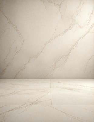 The primary subject of the image is a marble wall with a patterned design. The setting is a room with a white wall, and the visual style is a photo. The colors and mood of the image are predominantly white, giving it a clean and elegant appearance.