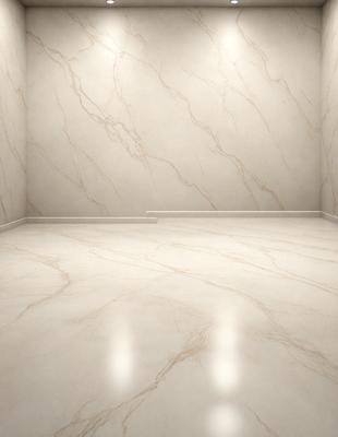 The primary subject of the image is a large, empty room with a white marble floor. The room appears to be a large bathroom, as it is described as a "bathroom with a marble floor." The setting is a clean, well-lit space, and the visual style is a realistic representation of the room. The colors and mood of the image are predominantly white, giving it a clean and minimalist appearance.