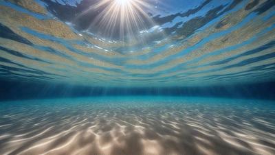 The primary subject of the image is the ocean, with its clear blue water and sunlight reflecting off the surface. The setting is underwater, with the sunlight shining through the water, creating a beautiful and serene atmosphere. The visual style is a realistic representation of the ocean, capturing the natural beauty of the underwater environment. The colors and mood are predominantly blue and calming, creating a sense of tranquility and relaxation.