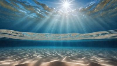 The primary subject of the image is a sunlit ocean scene, with the sun shining through the water and creating a beautiful, serene atmosphere. The setting is underwater, with the sunlight illuminating the water and creating a stunning visual effect. The visual style of the image is a photo, capturing the natural beauty of the underwater environment. The colors and mood of the image are predominantly blue and sunny, creating a sense of tranquility and wonder.