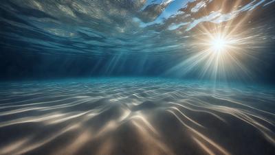 The primary subject of the image is a sunlight shining through the water, creating a beautiful and serene scene. The setting is underwater, with the sunlight illuminating the water and creating a stunning visual effect. The visual style of the image is a photo, capturing the natural beauty of the underwater environment. The colors and mood of the image are predominantly blue and calming, as the sunlight creates a peaceful atmosphere in the underwater world.