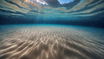 The image features a beautiful blue ocean with sunlight shining through the water. The sunlight creates a stunning visual effect, illuminating the water and creating a serene atmosphere. The primary subject of the image is the ocean, with the sunlight and water creating a captivating scene. The setting is underwater, with the sunlight reflecting off the water's surface, creating a mesmerizing visual experience. The visual style of the image is a natural, realistic representation of the ocean and its surroundings.