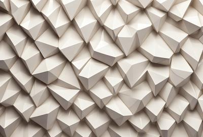The primary subject of the image is a large white wall with a pattern of white triangles. The setting is a room with a white background, and the visual style appears to be a combination of digital art and illustration. The dominant colors are white, and the overall atmosphere is clean and minimalistic.