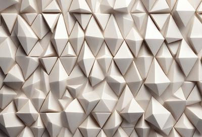 The primary subject of the image is a large wall made of white triangles. The setting is a white room, and the visual style is a patterned wallpaper. The dominant colors are white, and the overall atmosphere is clean and minimalistic.