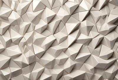 The primary subject of the image is a large white wall with a pattern of white triangles. The setting is a room with a white background, and the visual style appears to be a combination of digital art and illustration. The dominant colors are white, and the overall atmosphere is clean and minimalistic.