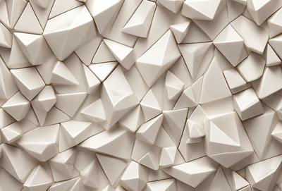 The primary subject of the image is a large white wall covered with a pattern of white triangles. The setting is a room with a white background, and the visual style appears to be a combination of digital art and illustration. The dominant colors are white, and the overall atmosphere is clean and minimalistic.