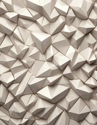 The primary subject of the image is a wall covered in white geometric shapes. The setting is a room with a white wall, and the visual style appears to be a combination of digital art and illustration. The dominant colors are white and gray, creating a clean and minimalist atmosphere.