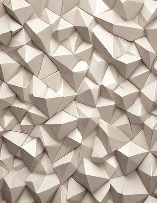 The primary subject of the image is a large, white wall with a pattern of white triangles. The setting is a room with a white background, and the visual style appears to be a combination of digital art and illustration. The dominant colors are white, and the overall atmosphere is clean and minimalistic.