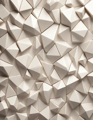 The primary subject of the image is a large white wall with a pattern of white triangles. The setting is a white room, and the visual style is a close-up of the wall. The dominant colors are white, and the overall atmosphere is clean and minimalistic.
