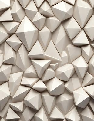 The primary subject of the image is a large wall made of white triangular shapes. The setting is a white wall, and the visual style is a pattern of white triangles. The dominant colors are white, and the overall atmosphere is clean and minimalistic.