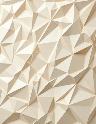 The primary subject of the image is a wall with a pattern of triangles. The setting is a room with a white wall, and the visual style appears to be a combination of photo and digital art. The dominant colors are white and beige, creating a clean and minimalist atmosphere.