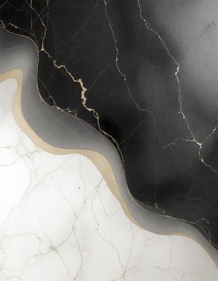 The primary subject of the image is a marble countertop with a black and gold pattern. The setting is a kitchen, and the visual style is a close-up of the countertop. The dominant colors are black and gold, creating a luxurious and elegant atmosphere.