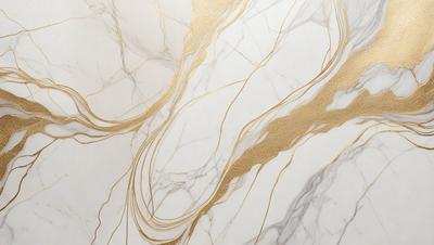 The primary subject of the image is a marble wall with a gold-colored design. The setting is a room with a white marble surface. The visual style is a close-up of the marble wall, showcasing the intricate gold design. The colors and mood of the image are predominantly white and gold, creating a luxurious and elegant atmosphere.