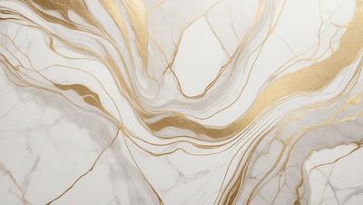 The primary subject of the image is a marble wall with a gold-colored design. The setting is a room with a white background, and the visual style appears to be a combination of a photo and digital art. The dominant colors are white and gold, creating a luxurious and elegant atmosphere.