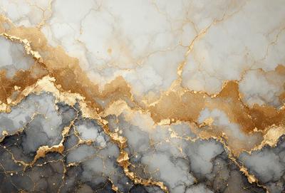 The primary subject of the image is a marble wall with a gold-like pattern. The setting is a room with a marble surface, and the visual style appears to be a combination of a photo and digital art. The dominant colors are gold and white, creating a luxurious and elegant atmosphere.