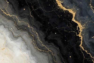 The primary subject of the image is a black and gold painting, featuring a black background with gold stars and lines. The setting is a canvas, and the visual style is a painting. The dominant colors are black and gold, creating a dramatic and striking atmosphere.