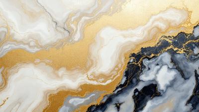 The primary subject of the image is a marble countertop with a gold and black pattern. The setting is a kitchen, and the visual style is a combination of photo and digital art. The dominant colors are gold, black, and white, creating a luxurious and elegant atmosphere.