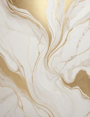 The primary subject of the image is a marble wall with a gold-colored design. The setting is a room with a white marble floor. The visual style is a combination of a photo and digital art, creating a unique and intricate pattern. The dominant colors are gold and white, giving the wall a luxurious and elegant appearance.