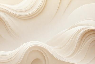 The primary subject of the image is a large, white, curved surface that resembles a wave or a flowing waterfall. The setting is a white room, and the visual style appears to be a combination of digital art and illustration. The dominant colors are white and gray, creating a clean and minimalist atmosphere.