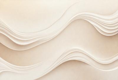 The primary subject of the image is a large, white, curved wall with a wave-like pattern. The setting is a room with a white background, and the visual style appears to be a combination of digital art and illustration. The dominant colors are white and gray, creating a clean and minimalist atmosphere.