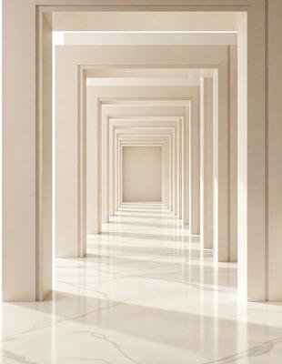 The image features a long, narrow hallway with white walls and floors. The hallway is lined with white pillars, creating a sense of depth and symmetry. The overall atmosphere is clean and minimalistic, with the primary focus being on the architectural elements of the hallway.