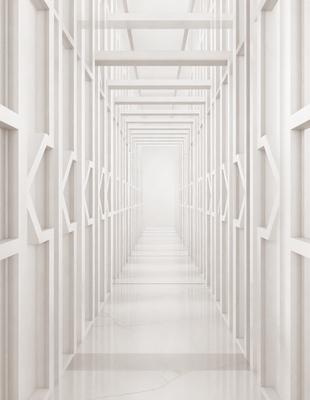 The image is a black and white photo of a long hallway with white walls. The hallway is lined with white doors, giving it a clean and minimalist appearance. The doors are arranged in a row, creating a sense of order and uniformity. The overall atmosphere of the image is calm and serene, with the white walls and doors providing a sense of simplicity and elegance.