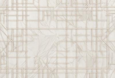 The primary subject of the image is a marble wall with a pattern of white and grey squares. The setting is a room with a white marble wall as the main focus. The visual style is a close-up of the marble wall, showcasing the intricate pattern of the squares. The colors and mood of the image are predominantly white and grey, giving it a clean and elegant appearance.