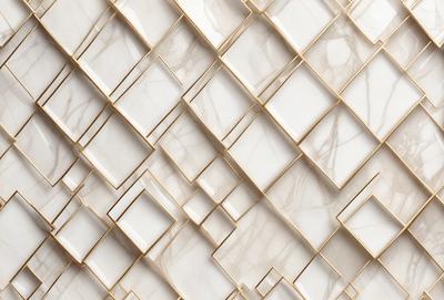 The primary subject of the image is a marble wall with a gold border. The setting is a room with a white marble wall, and the visual style is a close-up of the wall. The colors and mood of the image are predominantly white and gold, creating a luxurious and elegant atmosphere.