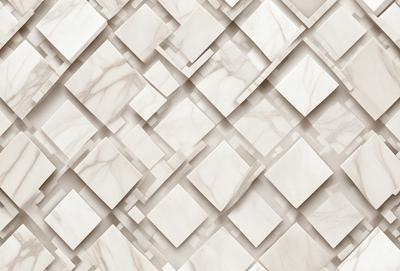 The primary subject of the image is a marble wall with a pattern of square tiles. The setting is a room with a white marble wall, and the visual style is a close-up of the wall. The colors and mood of the image are predominantly white, giving it a clean and elegant appearance.