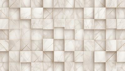 The primary subject of the image is a large, white tile wall with a pattern of squares. The setting is a room with a white tile floor, and the visual style is a close-up of the wall. The dominant colors are white and gray, creating a clean and minimalist atmosphere.