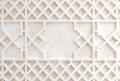 The primary subject of the image is a white marble wall with a patterned design. The setting is a room with a white marble wall as the main focus. The visual style is a close-up of the marble wall, showcasing its intricate design. The colors and mood of the image are predominantly white, giving it a clean and elegant appearance.