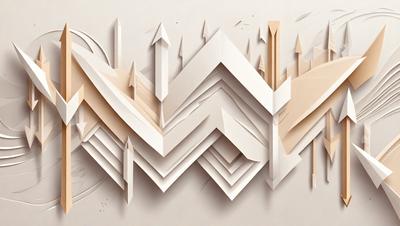 The primary subject of the image is a collage of various shapes and designs, including triangles and arrows. The setting is a white background, and the visual style appears to be a combination of digital art and illustration. The colors and mood of the image are predominantly white, giving it a clean and minimalist appearance.