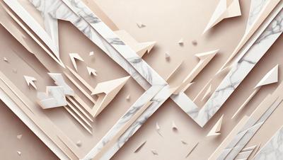 The primary subject of the image is a marble wall with a pattern of triangles and arrows. The setting is a room with a marble surface, and the visual style appears to be a combination of digital art and illustration. The dominant colors are white and beige, giving the wall a clean and elegant appearance. The overall atmosphere of the image is modern and sophisticated.