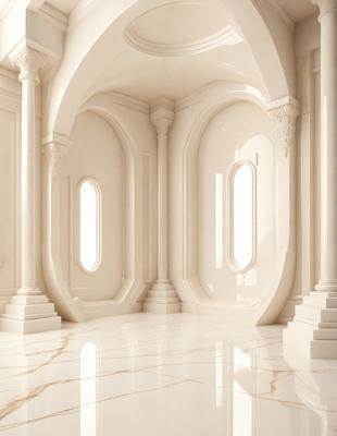 The image features a large, empty room with white walls and a marble floor. The room is adorned with several arched doorways and windows, giving it a grand and spacious appearance. The overall atmosphere is elegant and sophisticated, with the white walls and marble floor creating a clean and polished look.