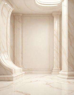The primary subject of the image is a marble wall with a white background. The setting is a room with a marble floor, and the visual style is a photo. The colors and mood of the image are predominantly white, giving it a clean and elegant appearance.