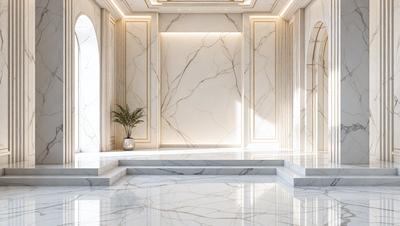 The primary subject of the image is a marble wall with a marble floor. The setting is a room with a marble wall and a marble floor. The visual style is a photo of a marble wall and floor. The colors and mood are predominantly white, giving the room a clean and elegant appearance.