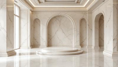 The primary subject of the image is a large, white marble wall with a marble archway. The setting is a room with a marble floor, and the visual style is a photo. The colors and mood of the image are predominantly white, giving it a clean and elegant appearance.