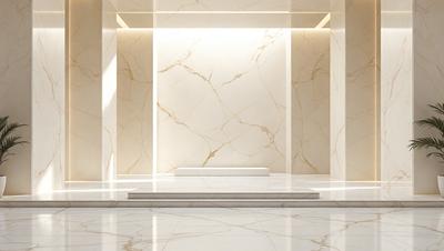 The primary subject of the image is a marble wall with a white baseboard. The setting is a room with a white baseboard and a marble wall. The visual style is a photo, and the colors and mood are predominantly white and neutral.