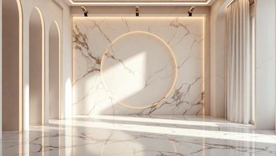 The primary subject of the image is a large, round, white marble wall with a circle-shaped design. The setting is a room with a white marble floor, and the visual style appears to be a photo. The colors and mood of the image are predominantly white, giving it a clean and minimalist appearance.