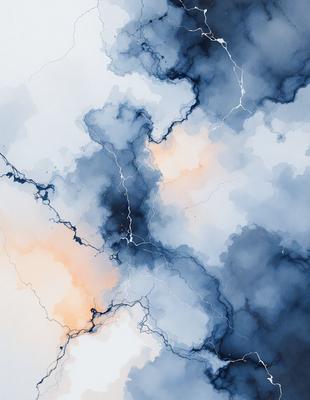 The primary subject of the image is a blue and white painting of a cloudy sky. The setting is a cloudy sky, and the visual style is a painting. The dominant colors are blue and white, creating a calm and serene atmosphere.