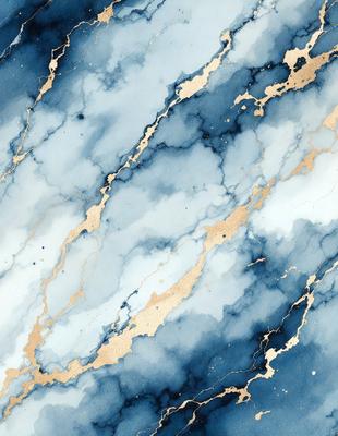 The primary subject of the image is a blue and gold marble wall. The setting is a room with a blue and gold marble wall, which serves as the background. The visual style is a combination of a photo and digital art, creating a unique and intricate design. The dominant colors are blue and gold, giving the wall a luxurious and elegant appearance.