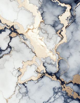 The primary subject of the image is a marble-like surface with a gold and blue color scheme. The setting is a blue and white marble wall, which serves as the background. The visual style is a combination of digital art and illustration, creating a unique and intricate design. The colors and mood of the image are rich and luxurious, with the gold and blue tones evoking a sense of sophistication and elegance.