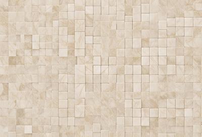 The primary subject of the image is a large, square-shaped tile with a marble pattern. The tile is part of a larger wall, which is covered with a variety of square tiles. The setting is a room with a white marble wall, and the visual style is a close-up of the tile. The colors and mood of the image are predominantly white, giving it a clean and elegant appearance.