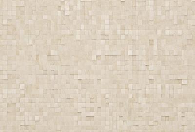 The primary subject of the image is a large, square, white tile wall. The setting is a room with a white tile floor. The visual style is a patterned wall, which gives the room a clean and modern appearance. The colors and mood of the image are predominantly white, creating a bright and minimalistic atmosphere.